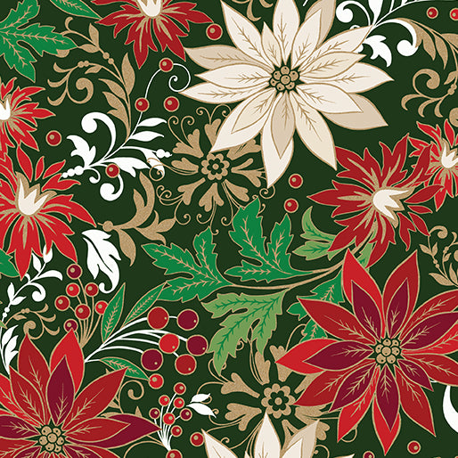 Holiday Nouveau || Poinsettia Jacobean || Forest Green