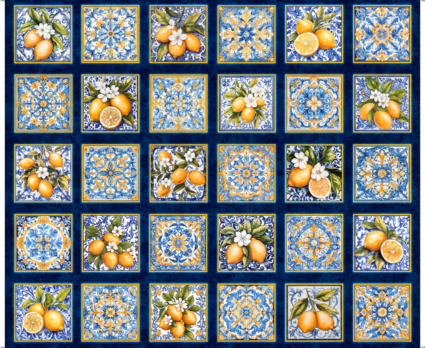 Citrus Bliss || Lemons & Tiles Picture Patches || Navy 36" X 43" Panel
