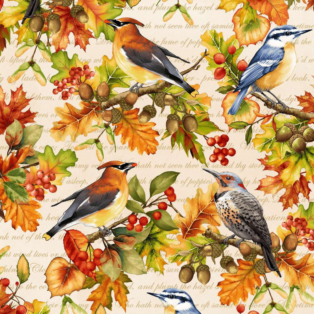 Oak and Berries || Allover Birds and Leaves || Cream/Multi