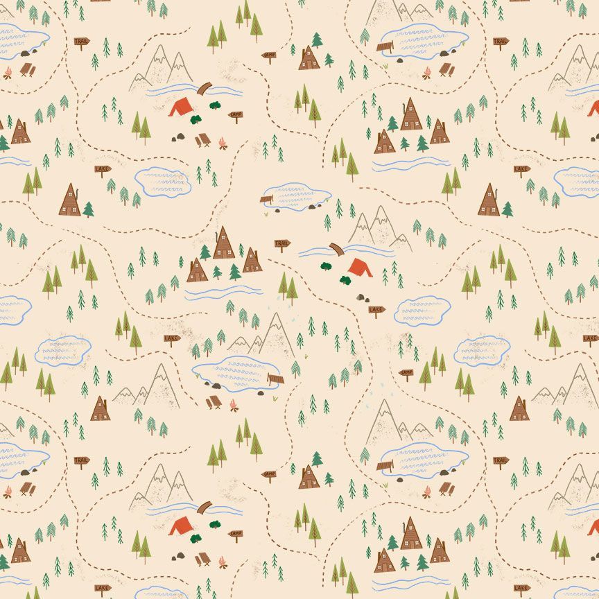Lake Life Forest Camping Scenic fabric with trees, mountains, lakes and tents on cream by Timeless Treasures, AT-CD4594-CREAM