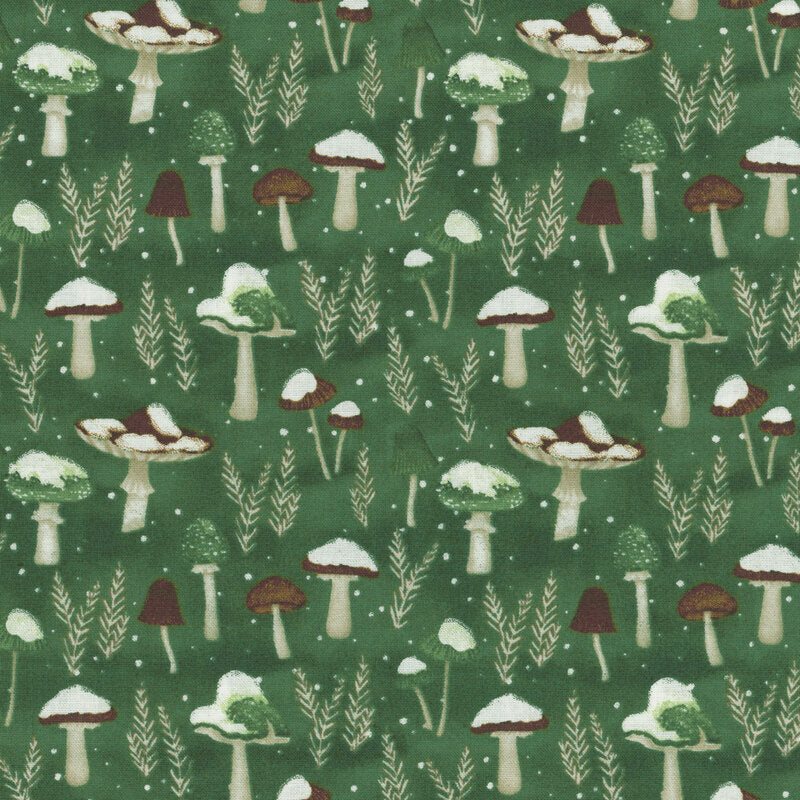 Woodland Snowmen Mushrooms All Over Green