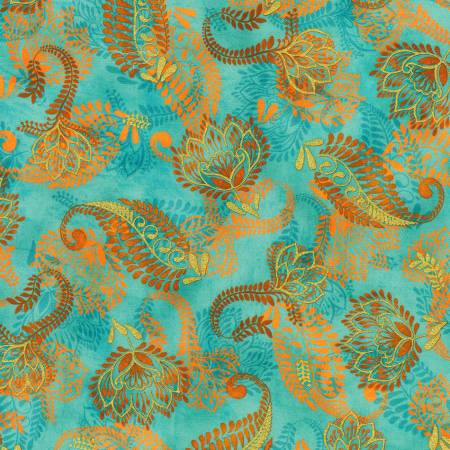 Golden Feathers || Paisley || Aqua Metallic