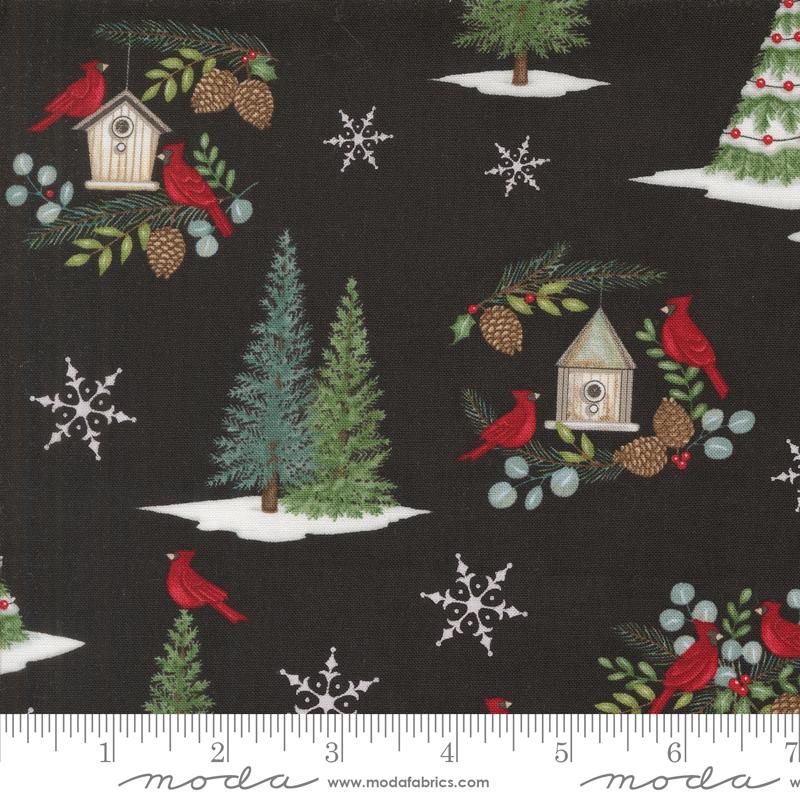 Winter Friends Snowman & Cardinal Allover Trees Charcoal Black