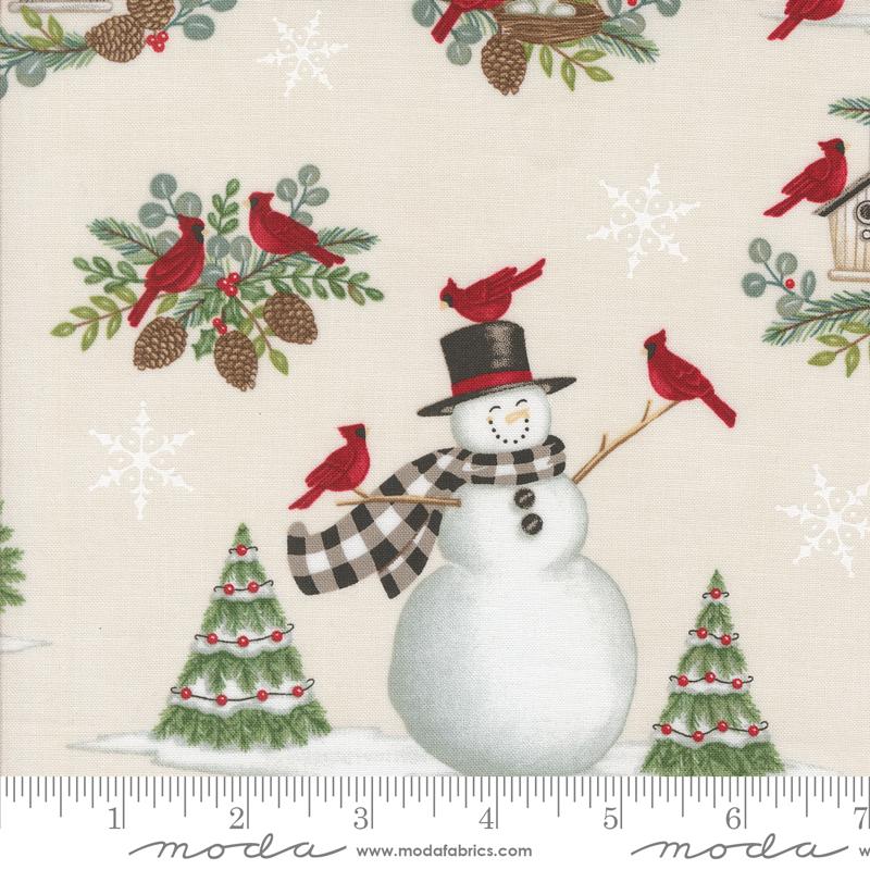 Winter Friends Snowman & Cardinal Allover Trees Snowy White
