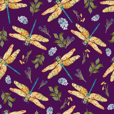 Dragonfly Dance Digital Amethyst/Multi Dragonflies and Flowers