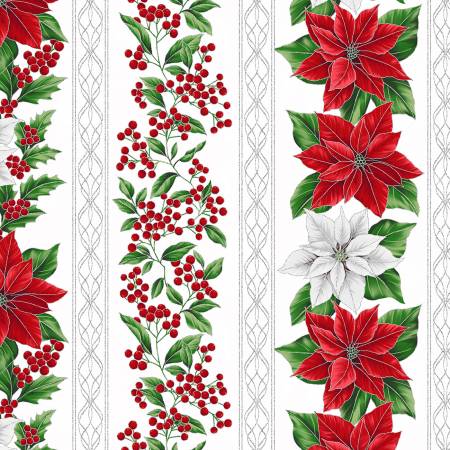 Blooming Holidays Ice/Silver Poinsettia & Berries Border Stripe