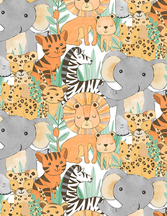 Safari Snuggles Baby Quilt Fabric || Packed Critters on White