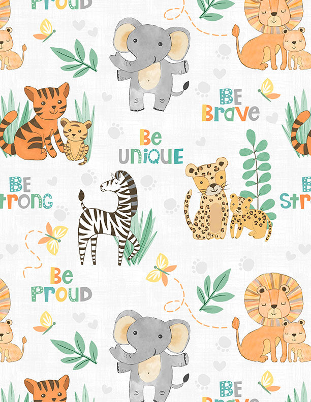 Safari Snuggles Baby Quilt Fabric || Critters All Over Gray on White