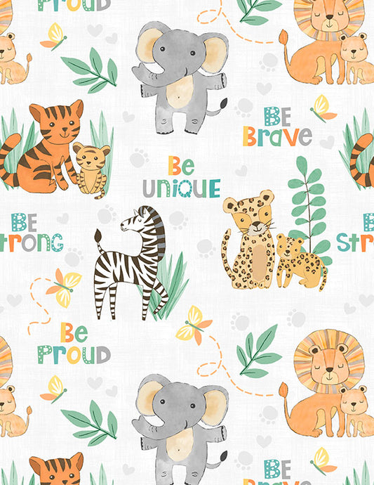 Safari Snuggles Baby Quilt Fabric || Critters All Over Gray on White