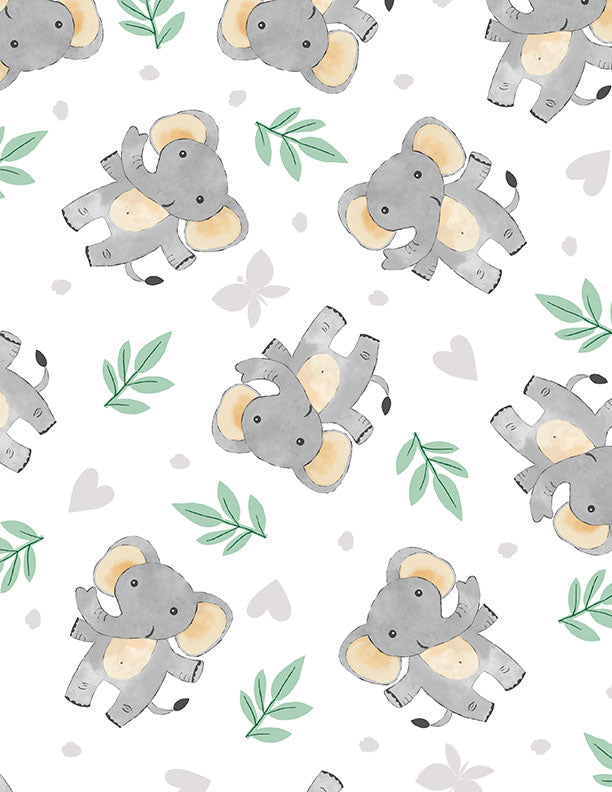 Safari Snuggles Baby Quilt Fabric || Elephant Toss White