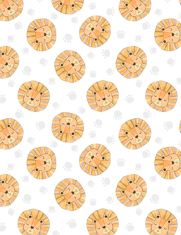 Safari Snuggles Baby Quilt Fabric || Lion Toss White