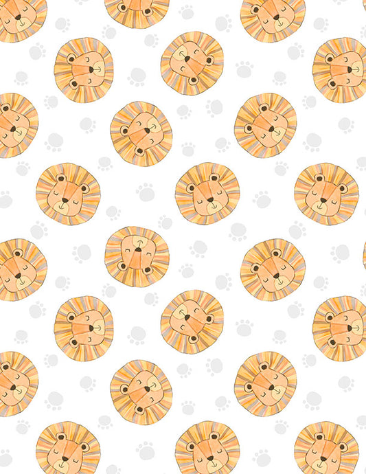 Safari Snuggles Baby Quilt Fabric || Lion Toss White