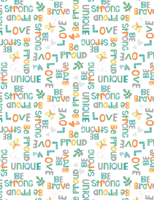 Safari Snuggles Baby Quilt Fabric || White Word Toss