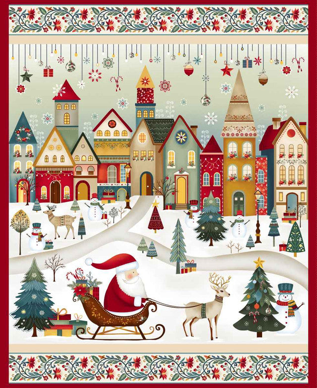 Nordic Holiday Village || Santa Scenic 36" x 44" Panel || Cream Muti