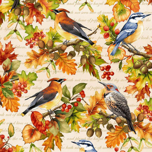 Oak and Berries || Allover Birds and Leaves || Cream/Multi