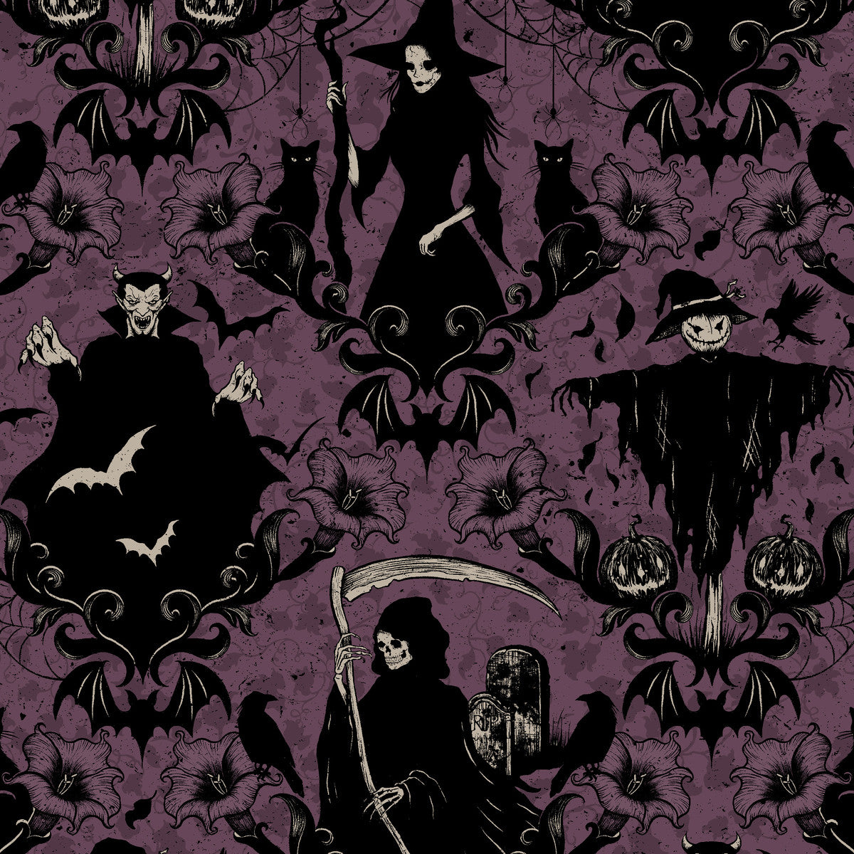 Darkly Enchanted || Damask with Witch, Scarecrow, and Grim Reaper || Plum