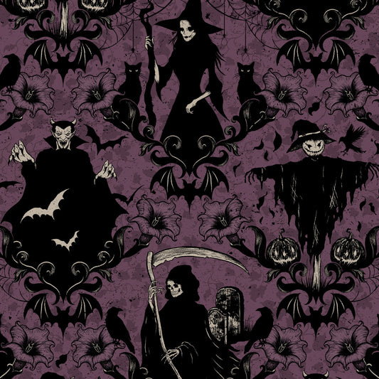 Darkly Enchanted || Damask with Witch, Scarecrow, and Grim Reaper || Plum