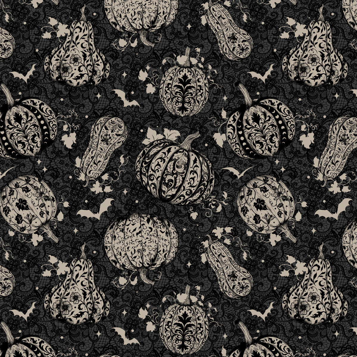 Darkly Enchanted || Damask Pumpkins with Bats || Charcoal