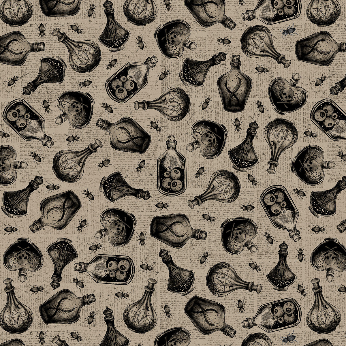 Darkly Enchanted || Potion Bottles on Newsprint || Taupe