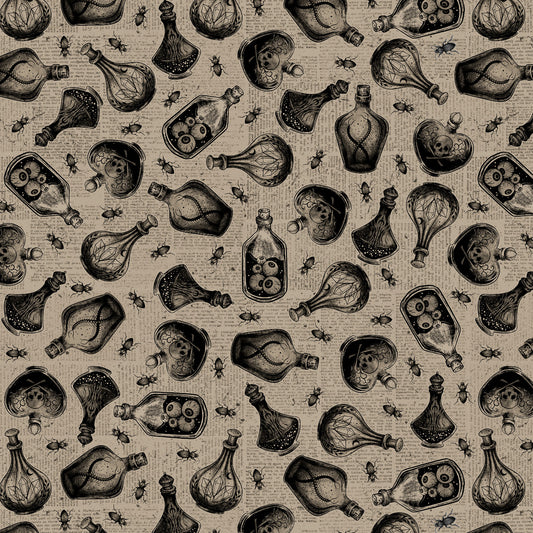 Darkly Enchanted || Potion Bottles on Newsprint || Taupe