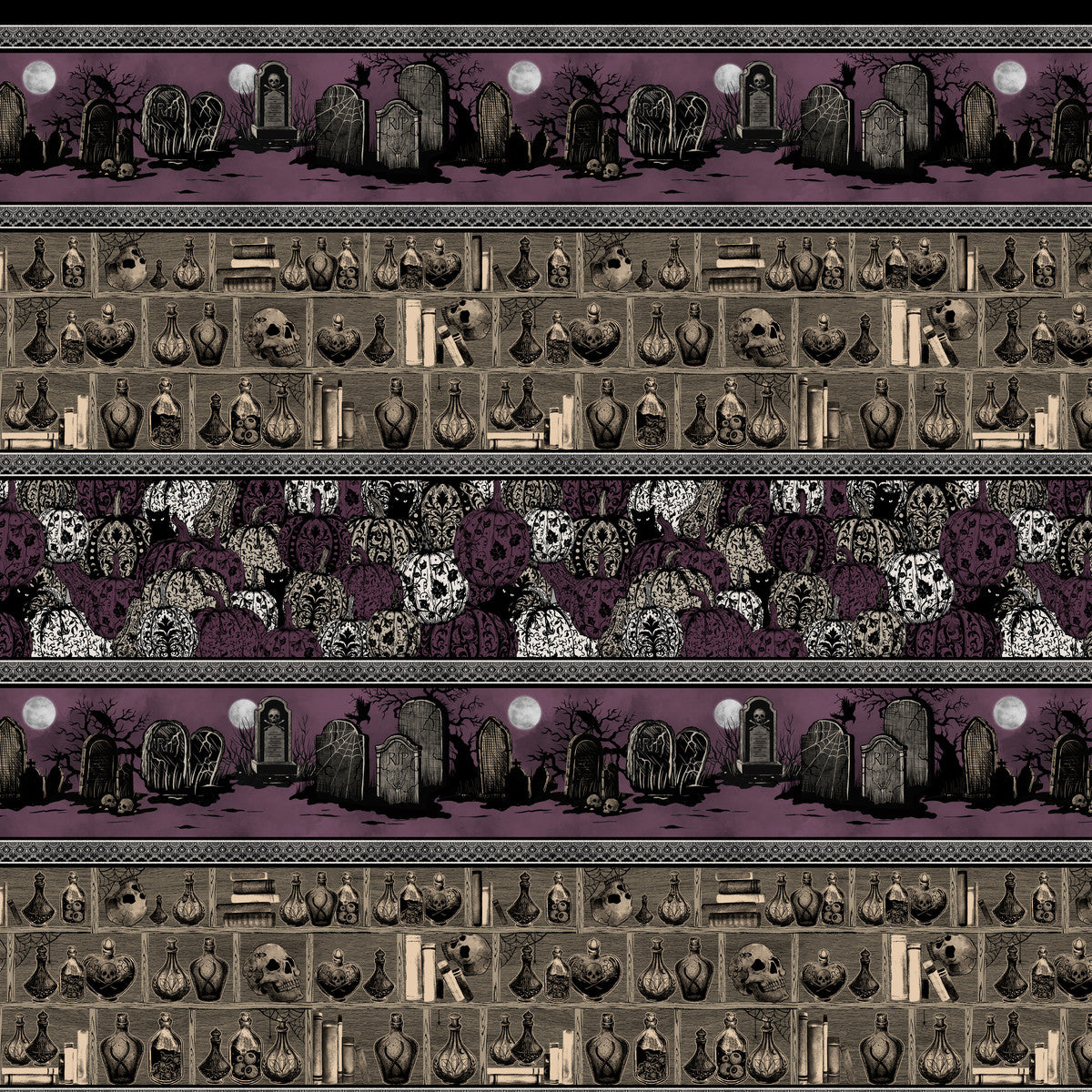 Darkly Enchanted || Stripe with Pumpkins, Cemetery, and Potion Shelf || Plum
