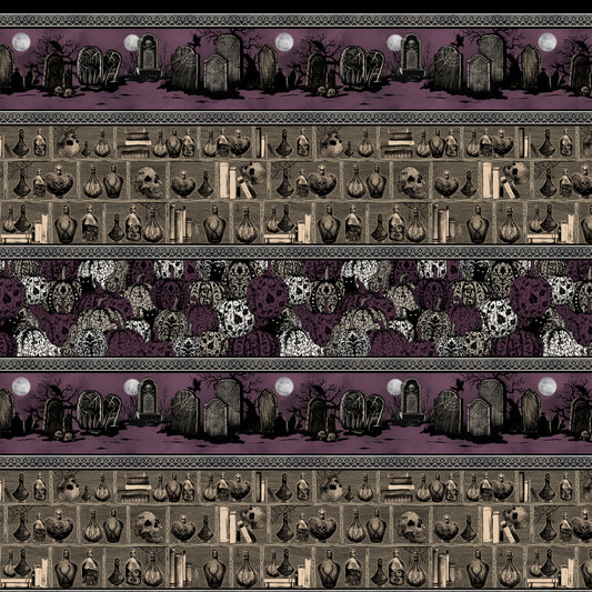 Darkly Enchanted || Stripe with Pumpkins, Cemetery, and Potion Shelf || Plum