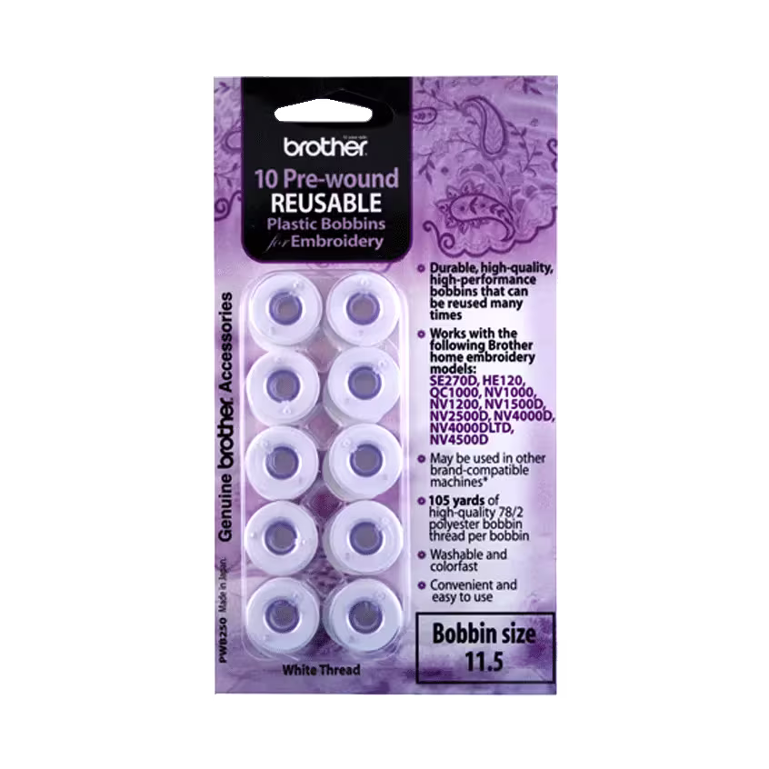 Brother PWB250 Pre-Wound White 11.5 Size 60 Weight Embroidery Bobbins (10-Pack)