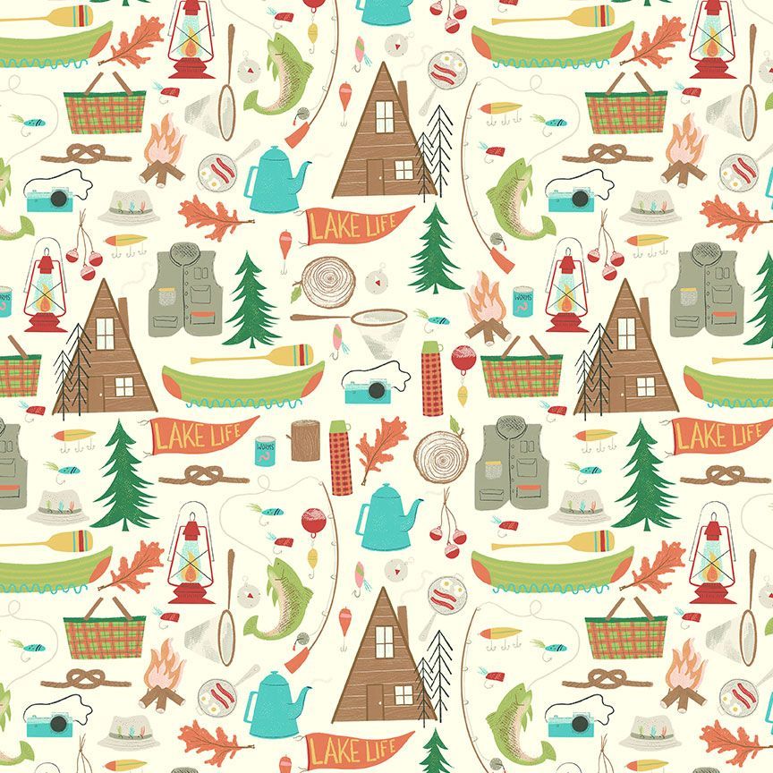 Lake Life Camping Equipment fabric with tents, canoes, lanterns and outdoor gear on cream by Alice & Tilly for Timeless Treasures, AT-CD4592-CREAM