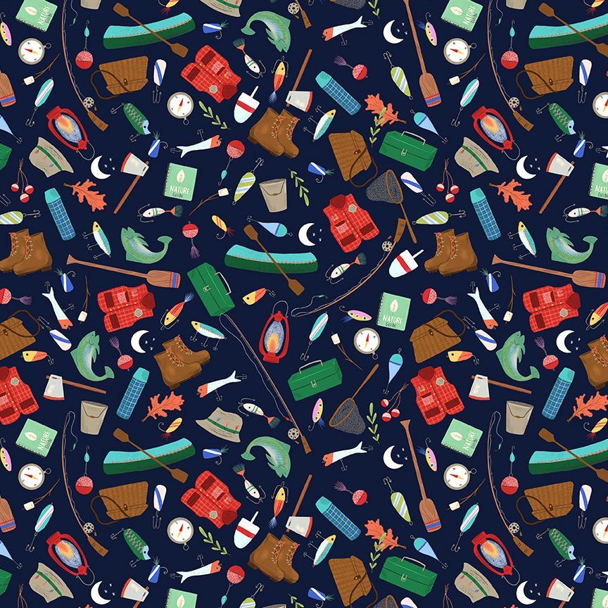 Lake Life Gone Fishing Gears fabric with fishing rods, canoes, tackle and boots on navy by Timeless Treasures, AT-CD4593-NAVY