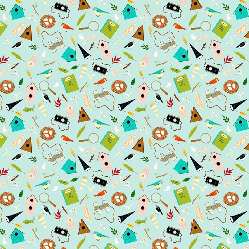 Lake Life Camping Icons fabric with tents, binoculars, campfires and outdoor motifs on sky blue by Timeless Treasures, AT-CD4595-SKY