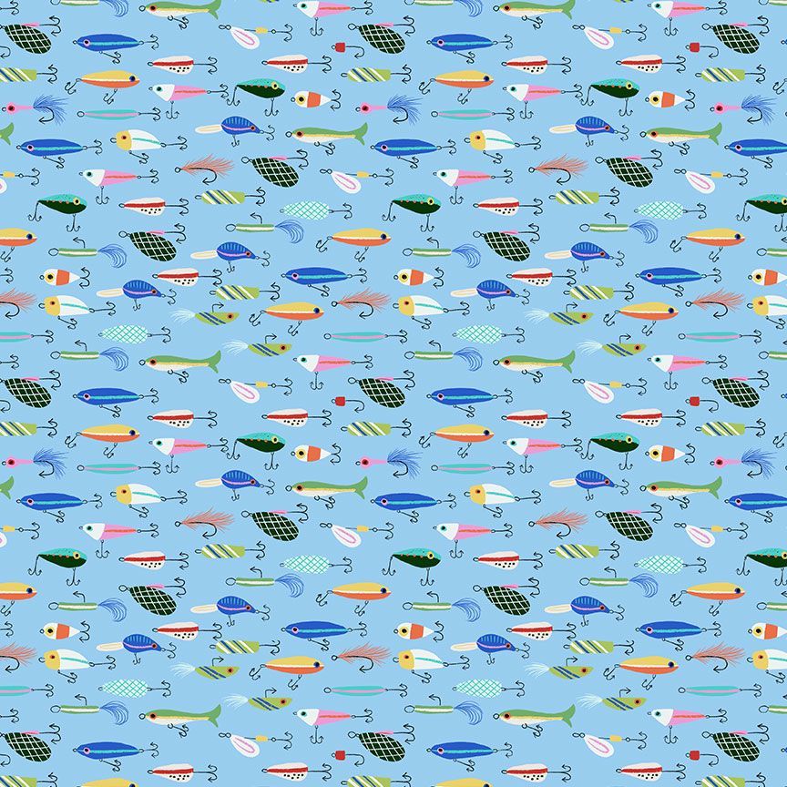 Lake Life Fishing Lure Bait fabric with colorful fishing lures on blue by Timeless Treasures, AT-CD4597-BLUE