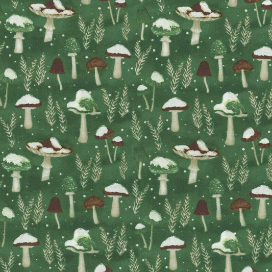 Woodland Snowmen Mushrooms All Over Green