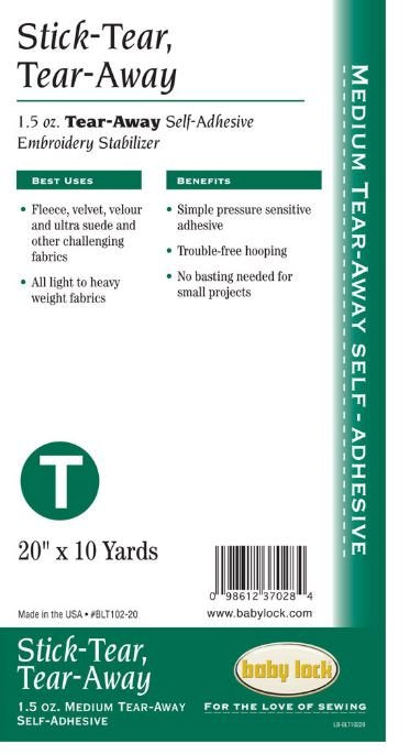 Babylock Stick-Tear Tear-Away Pressure Sensitive 20" x 10 Yards