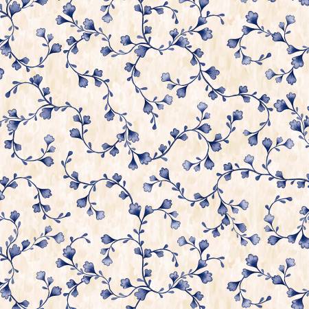 Vineyard Vine Scroll 108" Wideback Navy Flowers on Ecru