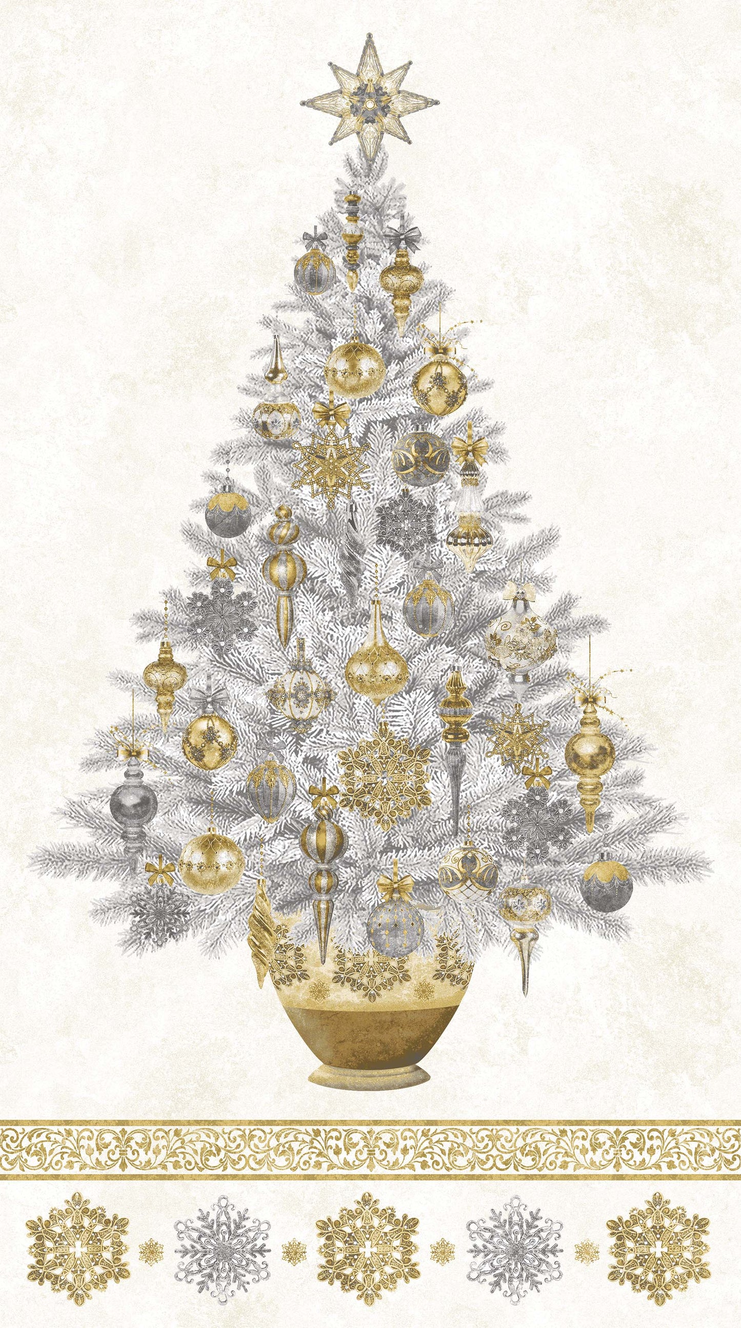 Stonehenge White Christmas Neutral Gold Tree Panel 24201M-11