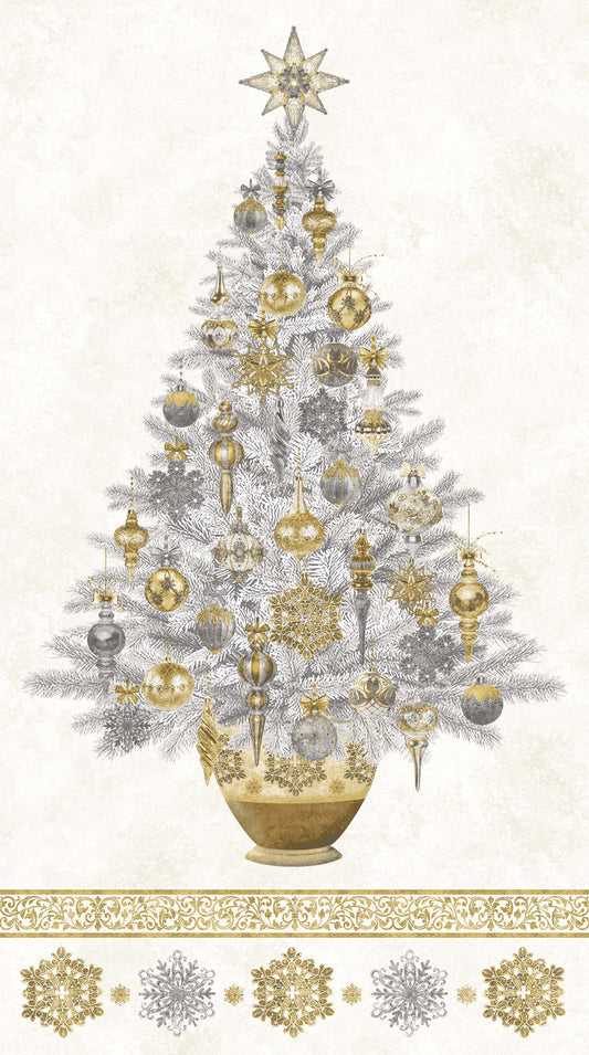 Stonehenge White Christmas Neutral Gold Tree Panel 24201M-11